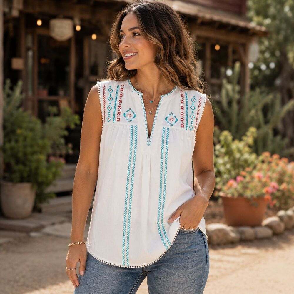 Cruel Denim Shirt Womens Medium White Embroidered Sleeveless Boho Tunic Top